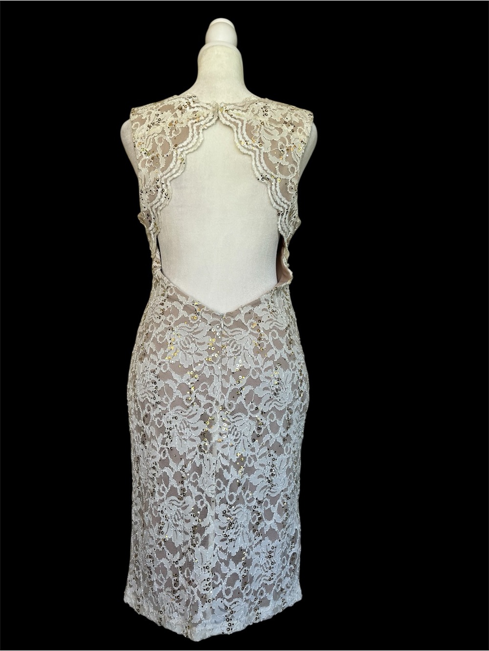 Ivory Lace Open-Back Dress, sequins. Morgan & Co. Stretchy. Bridal shower. S-M